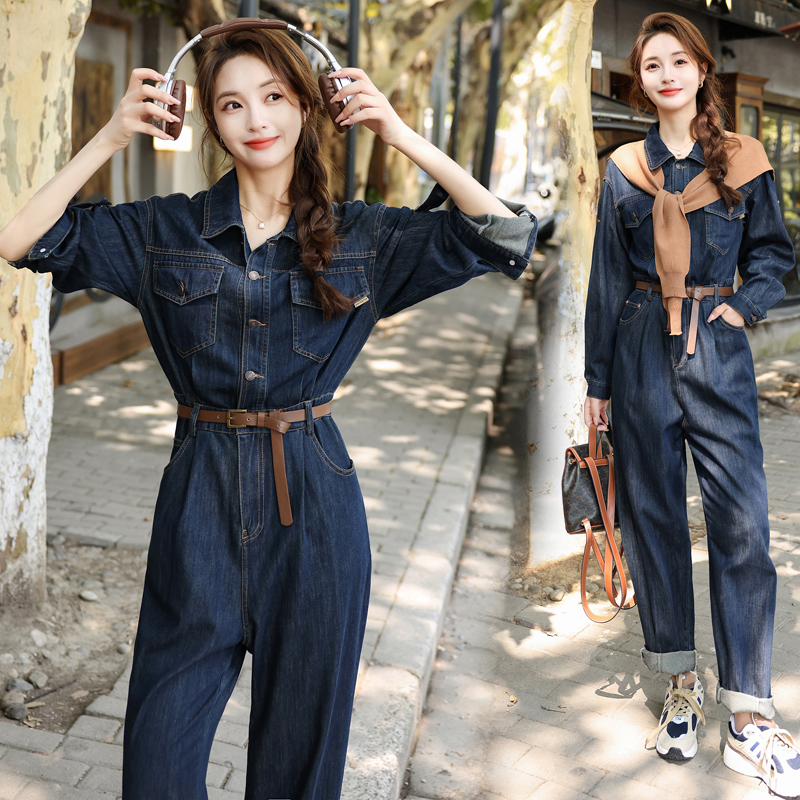 复古港风牛仔连体裤女2025年春秋新款洋气减龄宽松显瘦工装连体裤
