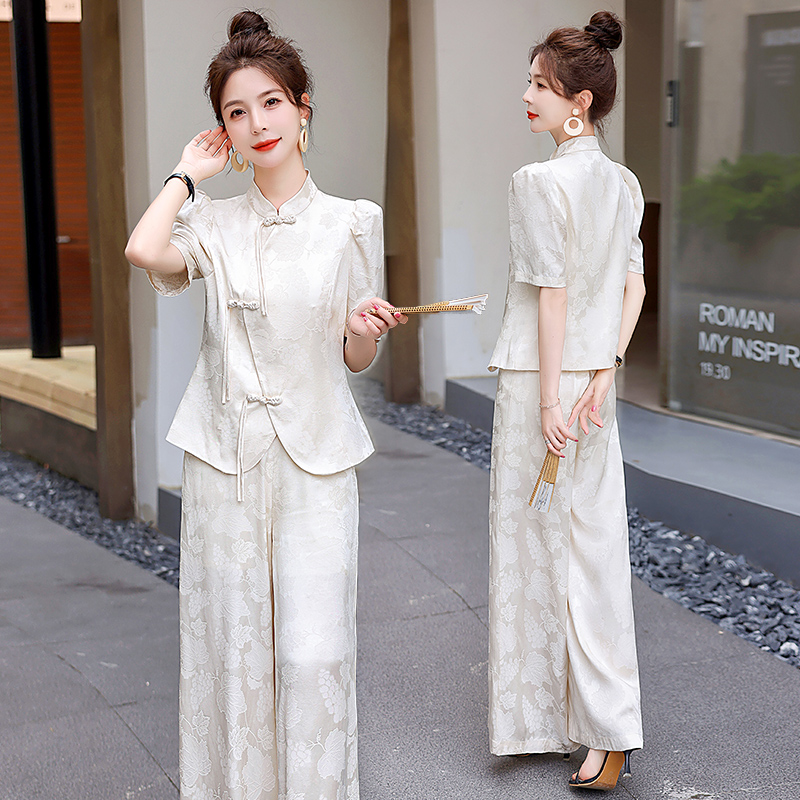 新中式国风提花套装女2025夏季新款气质禅意改良旗袍阔腿裤两件套