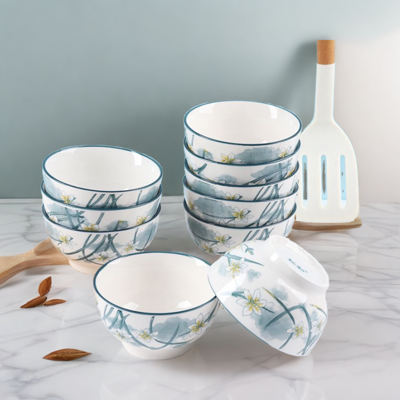 4.5英寸10只装水仙花日式陶瓷米饭碗釉下彩