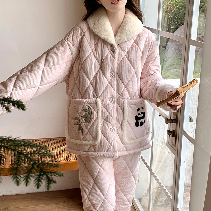 2024新款珊瑚绒法兰绒加绒加厚三层夹棉保暖冬季睡衣女家居服套装