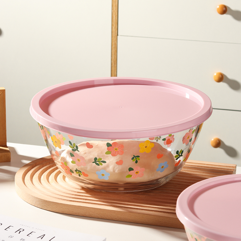 【福利送盖】2700ml小花小清新系列玻璃大容量拌馅洗菜盆和面盆