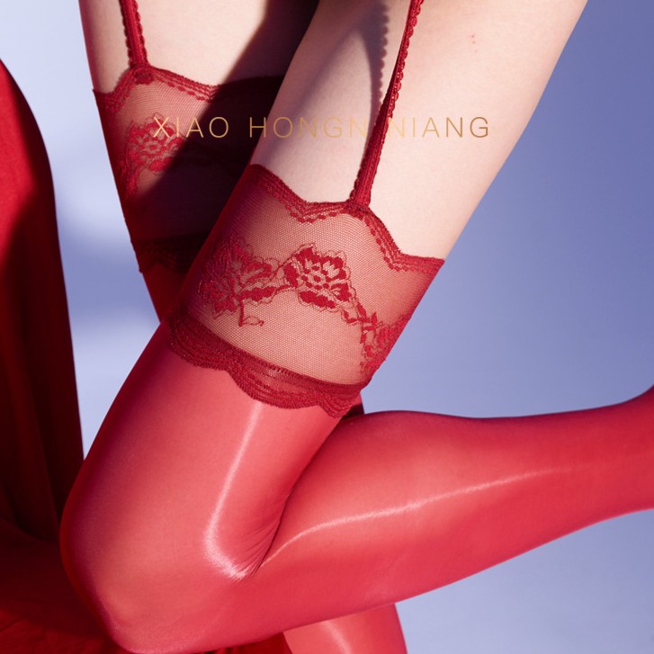小红娘蕾丝一体式丝袜油亮纯欲黑丝吊带袜牡丹花边长筒过膝袜性感