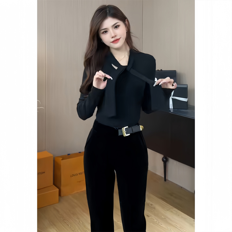 秋冬季加厚加绒长袖打底衫女黑色正肩V领系带上衣显瘦内搭保暖T恤