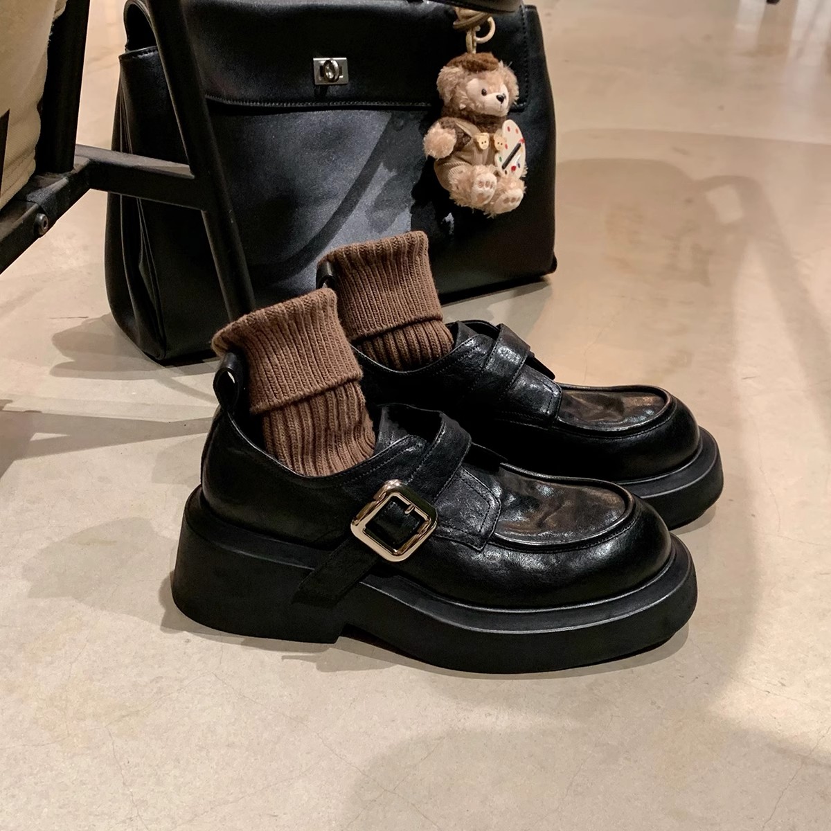 牛皮版~百搭圆头英伦风一脚蹬小皮鞋女粗跟厚底软皮乐福鞋子