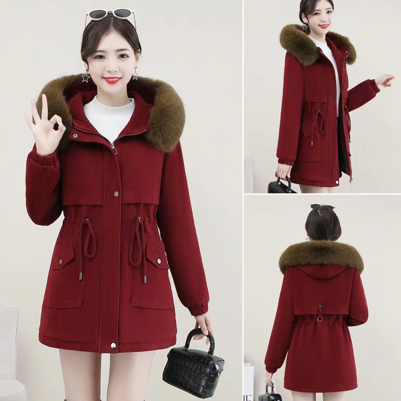 中长款派克服女加绒加厚2024冬季新款棉袄收腰显瘦大毛领棉衣外套