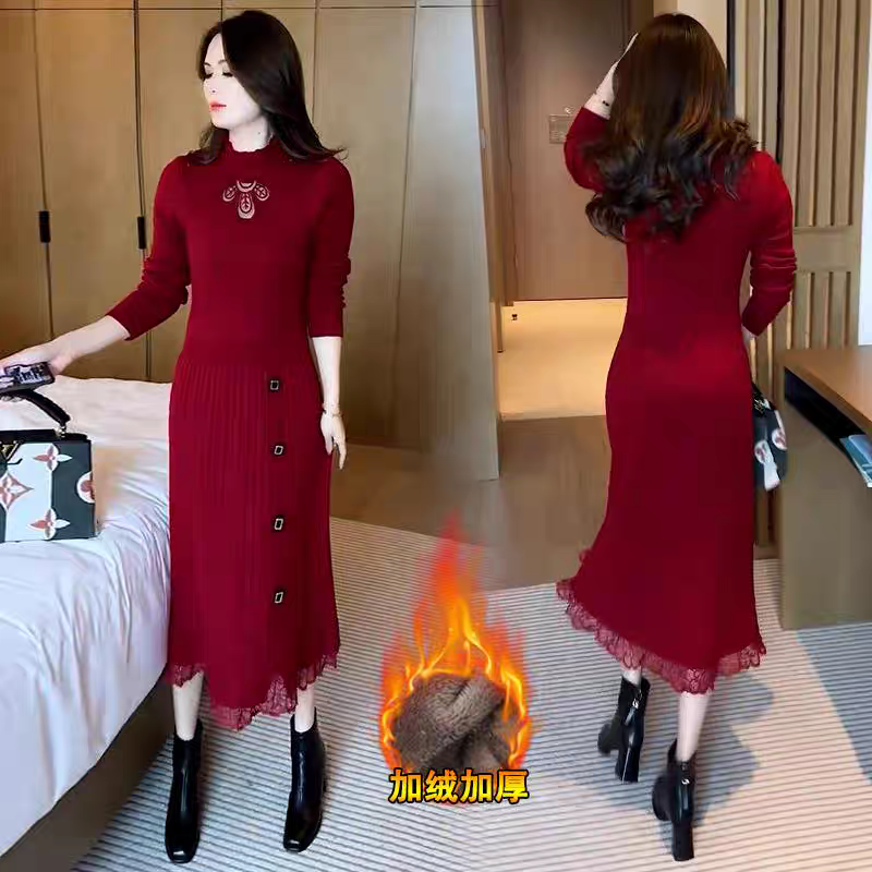 秋冬季加绒加厚长款针织连衣裙女冬季时尚洋气内搭保暖毛衣裙