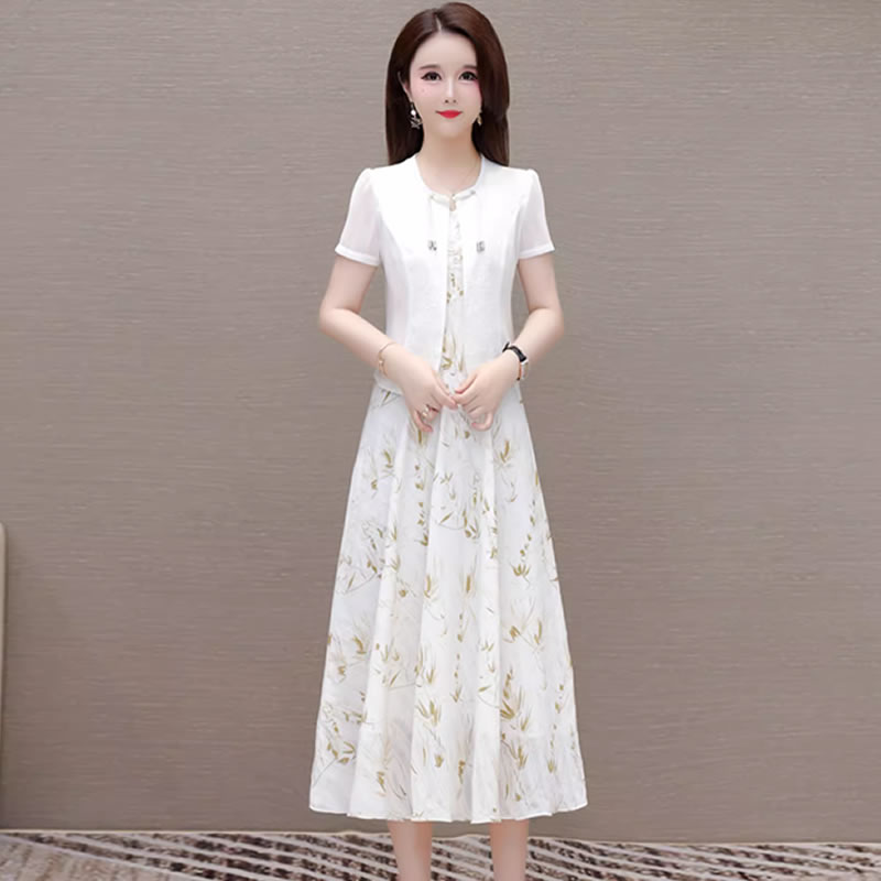 高档女士连衣裙2025新款夏季新中式宽松大码遮肚显瘦印花两件套装