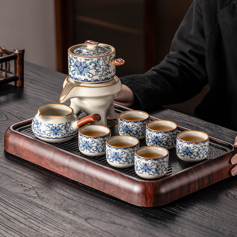2024新款青花汝窑自动茶具套装家用轻奢高档石磨茶壶懒人泡茶神器