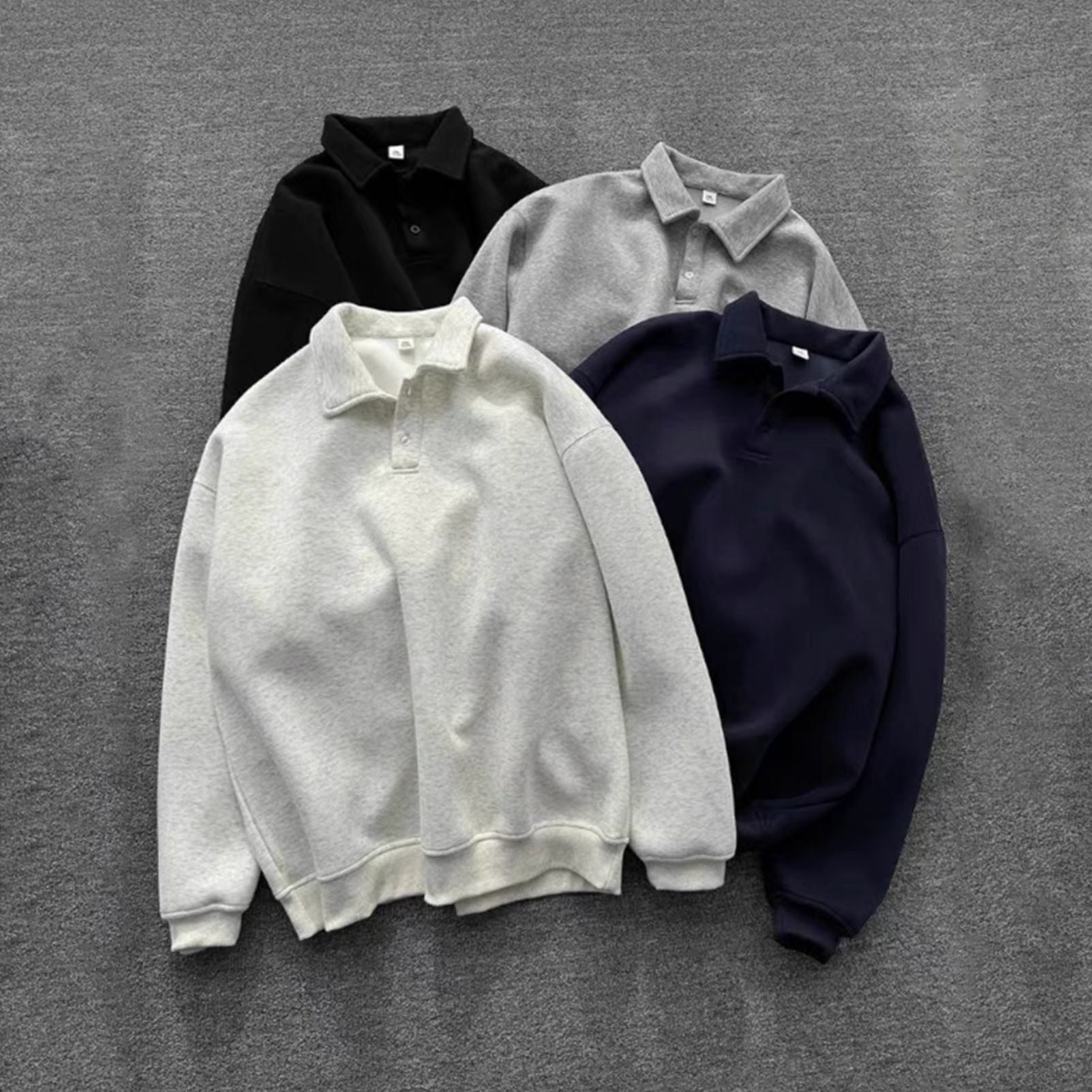 秋冬新款重磅400g套头翻领POLO衫男宽松百搭简约纯色翻领卫衣男女