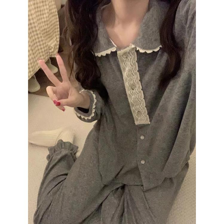 DK简丹生活【少女灰】小众潮牌设计可外穿睡衣长袖长裤家居服套装