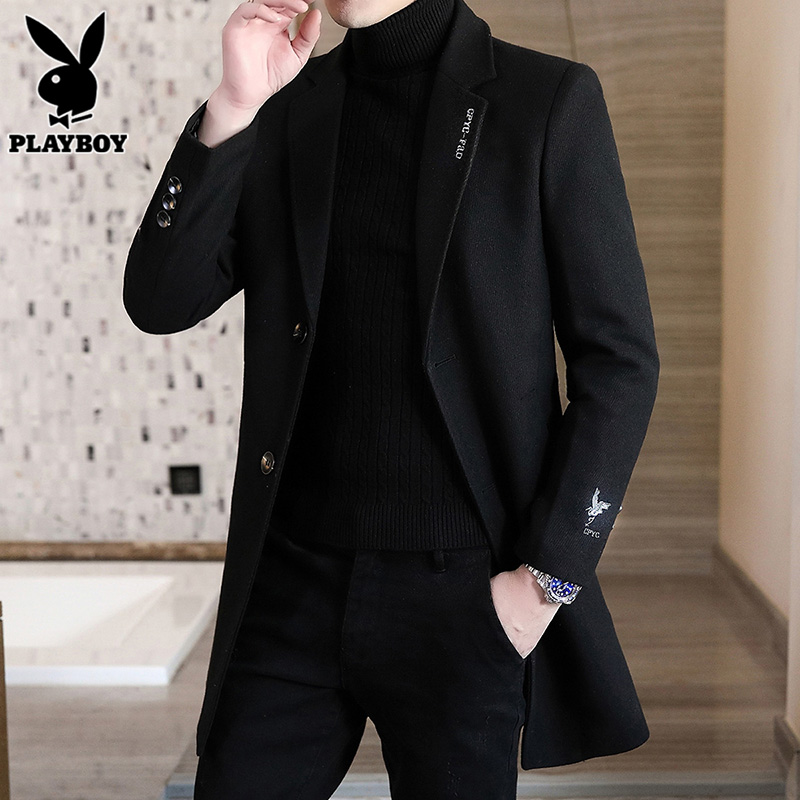 花花公子中长款毛呢大衣男士韩版潮流西装领风衣春秋时尚百搭外套
