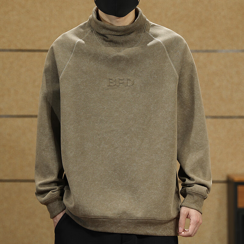 美式重磅卫衣男士春秋款高领复古立体钢印外套男大码男装套头上衣