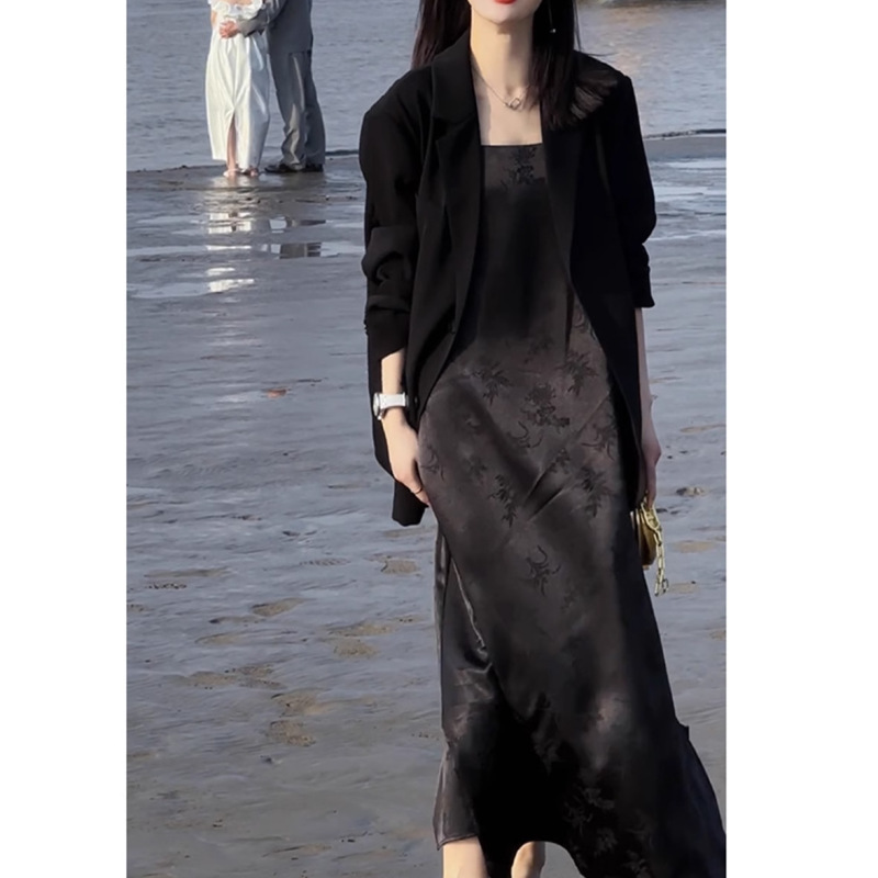 加大码春夏新款微胖mm薄款套装小西装外套国风吊带裙两件套200斤