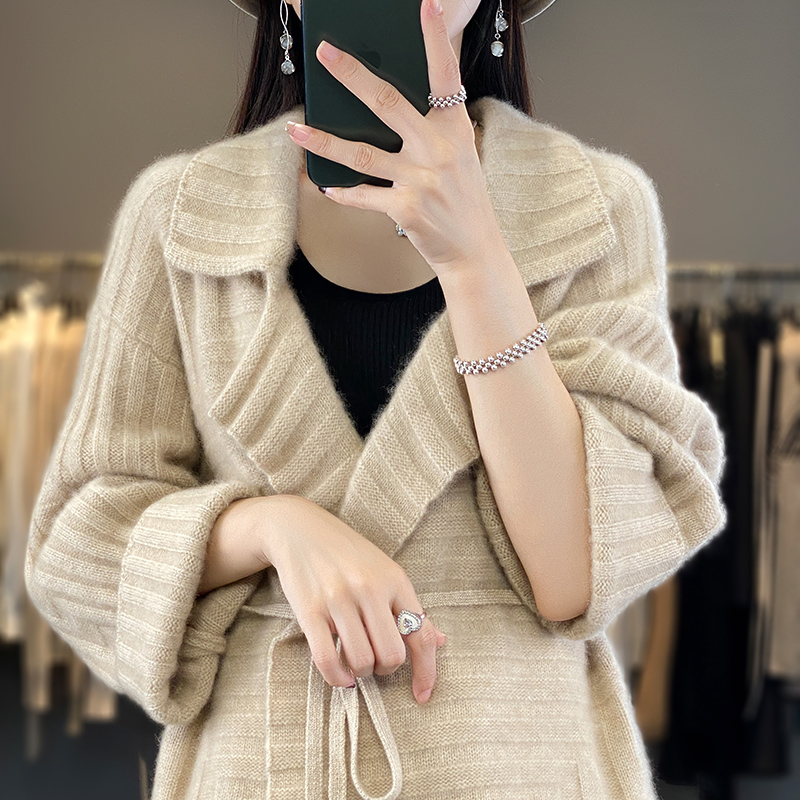纯羊毛开衫女系带西装领加厚宽松显瘦气质针织衫毛衣慵懒风外套