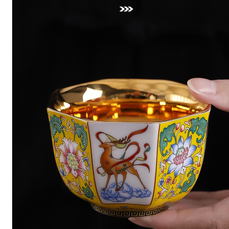 鎏金八方来财彩绘主人杯鎏金茶杯茶杯家用创意禅意金边品茗杯大师