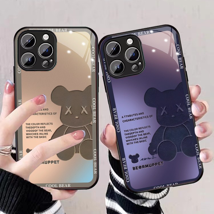 苹果/华为/vivo/oppo 压印半边熊手机壳网红时尚简约玻璃壳J