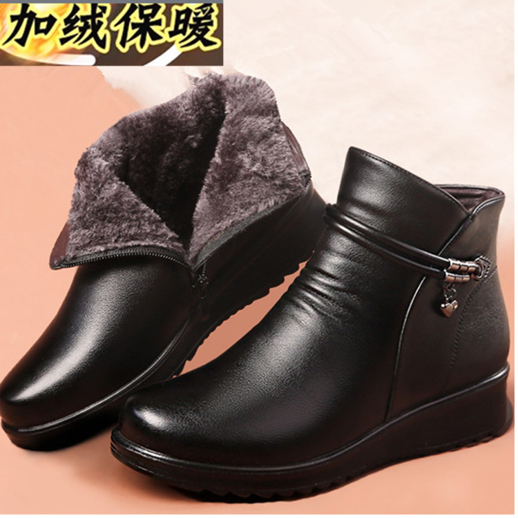 皮鞋软底妈妈鞋加绒短靴棉鞋保暖冬季舒适女士真皮防水加厚平底