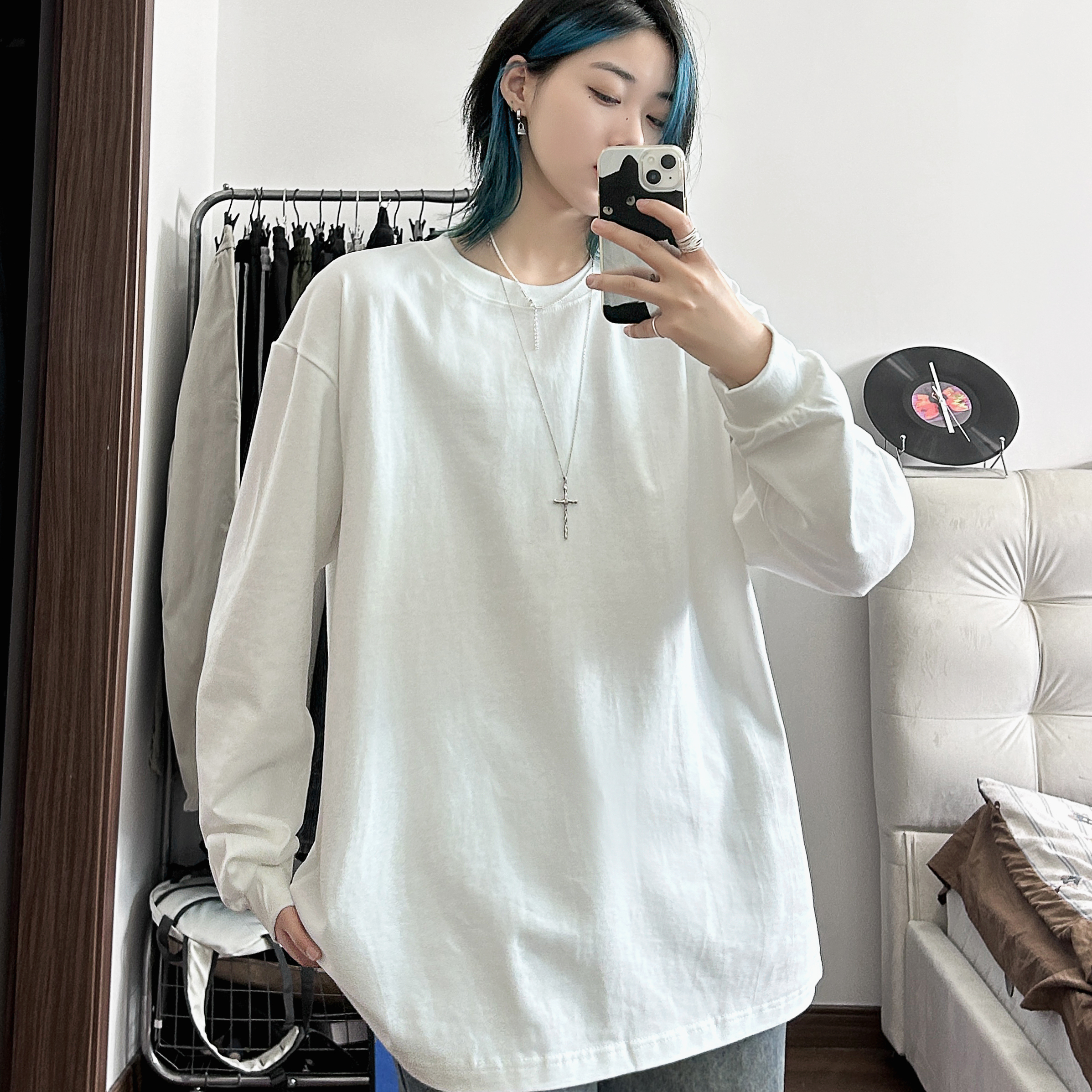 320g重磅长袖纯棉T恤男士秋冬季美式休闲纯色打底衫宽松圆领上衣