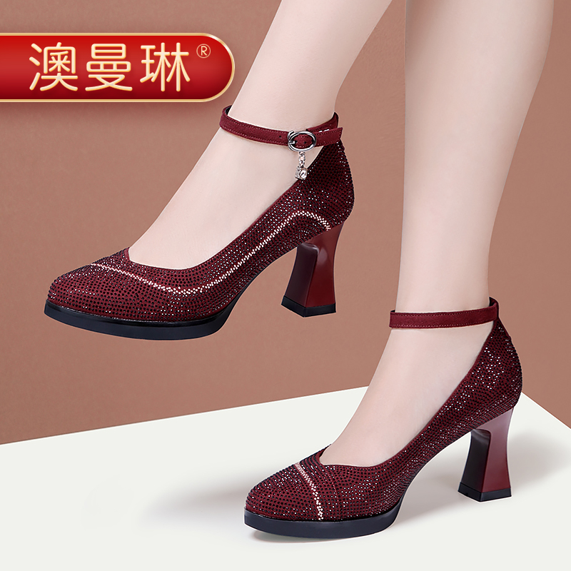 红色婚鞋旗袍模特蛇年限定丈母娘走秀高跟鞋水钻新娘鞋单鞋喜婆婆