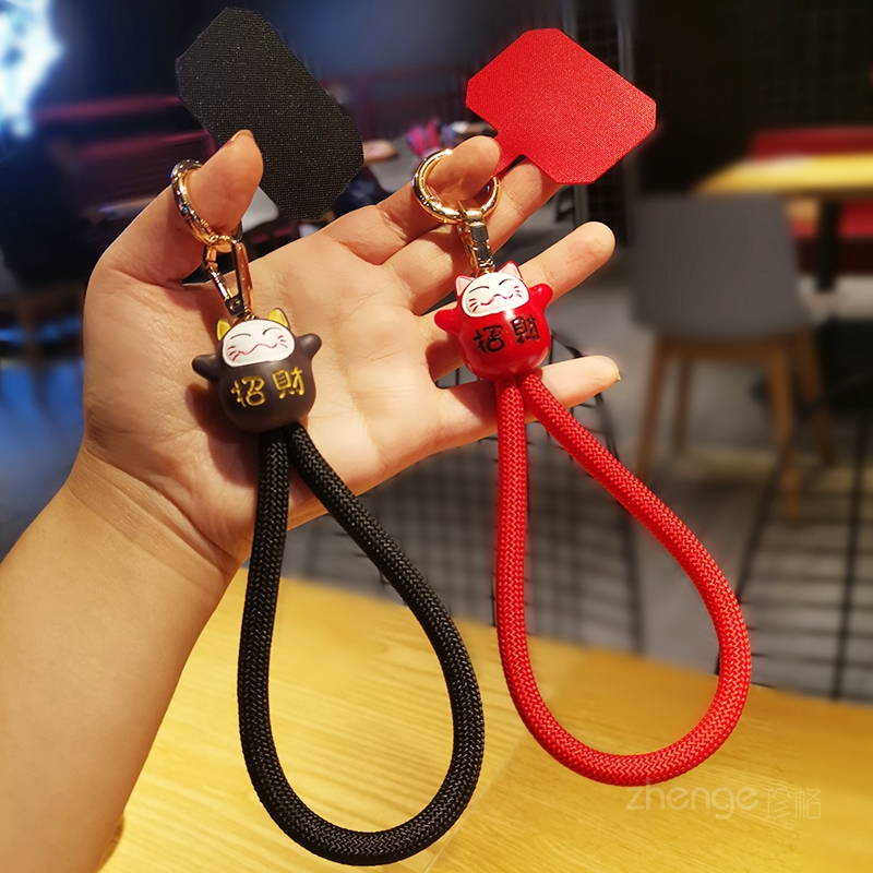 编织粗手绳ins手机挂绳男女短款红绳招财猫手腕绳手提夹片式手机
