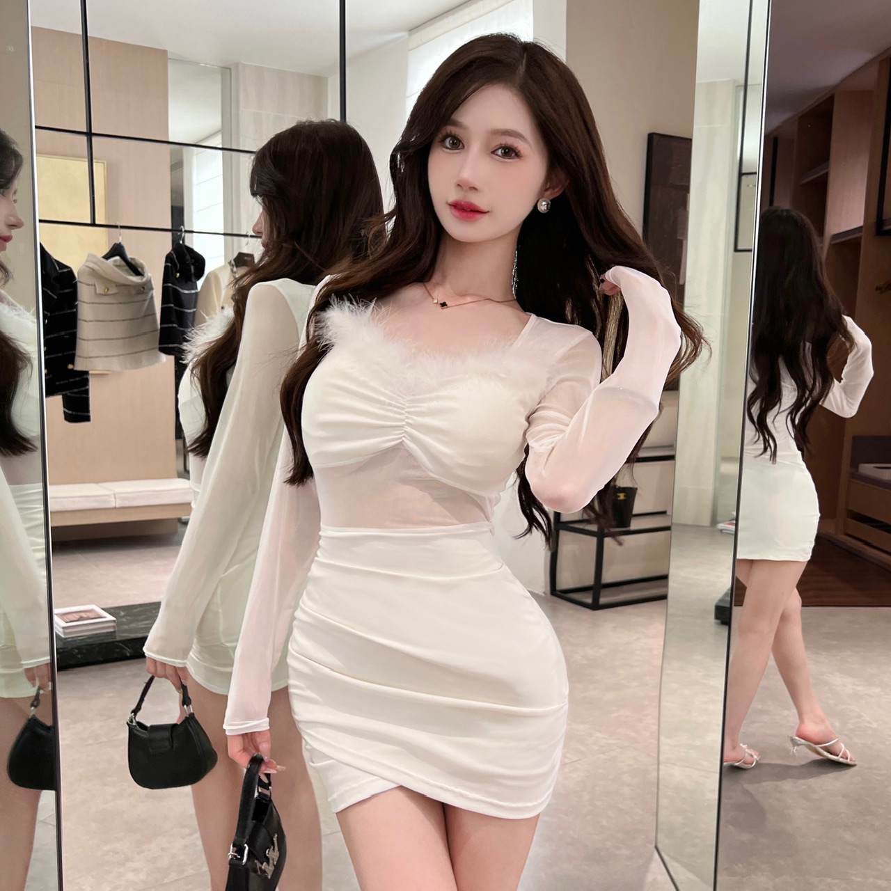 夜店性感毛毛拼接领小黑裙夜店风修身显瘦镂空露腰包臀黑色连衣裙