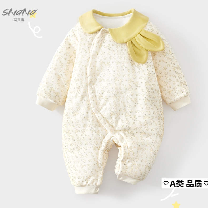 新生儿婴儿男女宝宝夹棉连体衣女秋冬季加棉保暖外出棉服加厚长袖