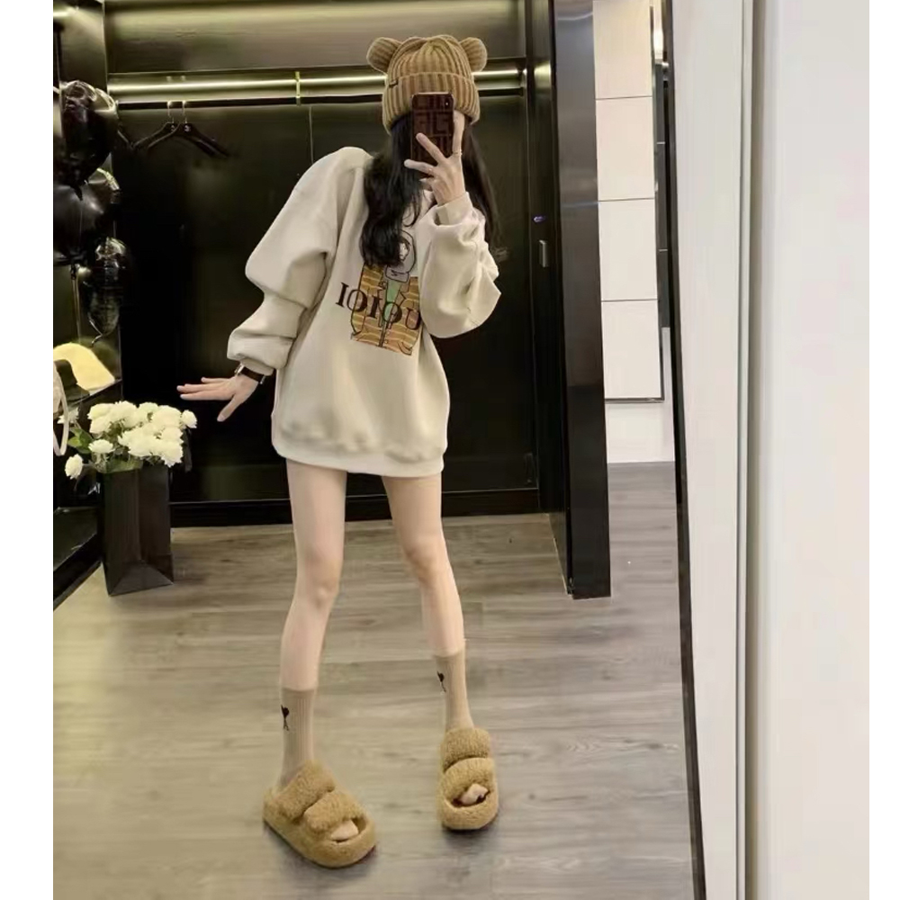 韩版宽松卫衣女秋冬季百搭休闲时尚圆领长袖中长款卡通外套潮牌