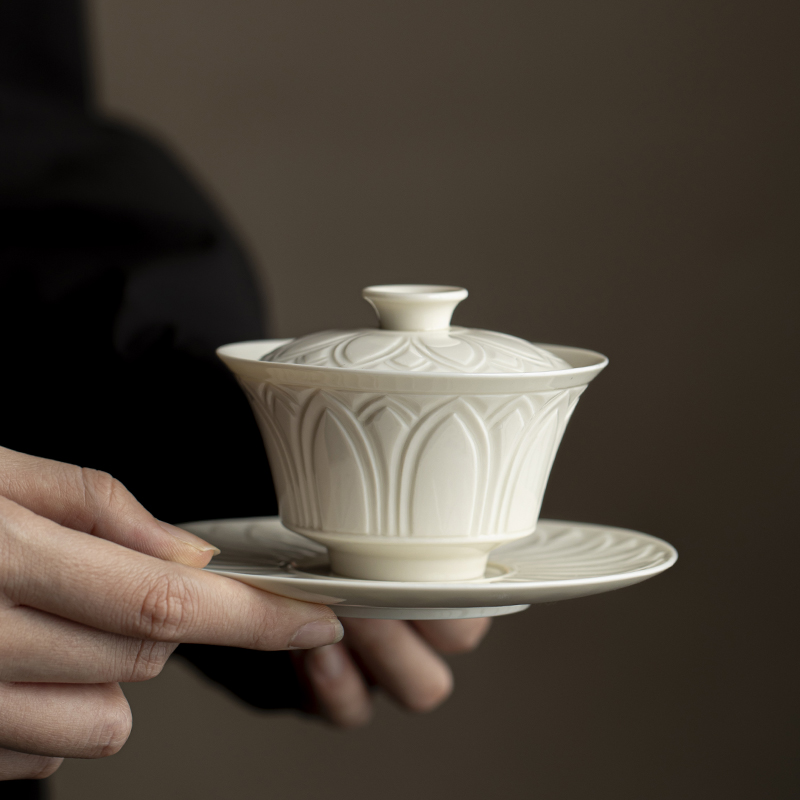 仿宋定窑白陶瓷盖碗品茗茶杯功夫茶具三才小容量不烫手家用泡茶碗