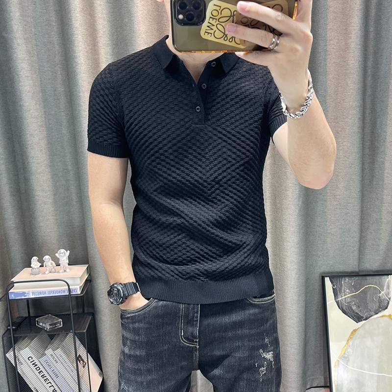 翻领针织衫男春夏百搭男士polo领短袖针织弹力紧身青年针织短袖