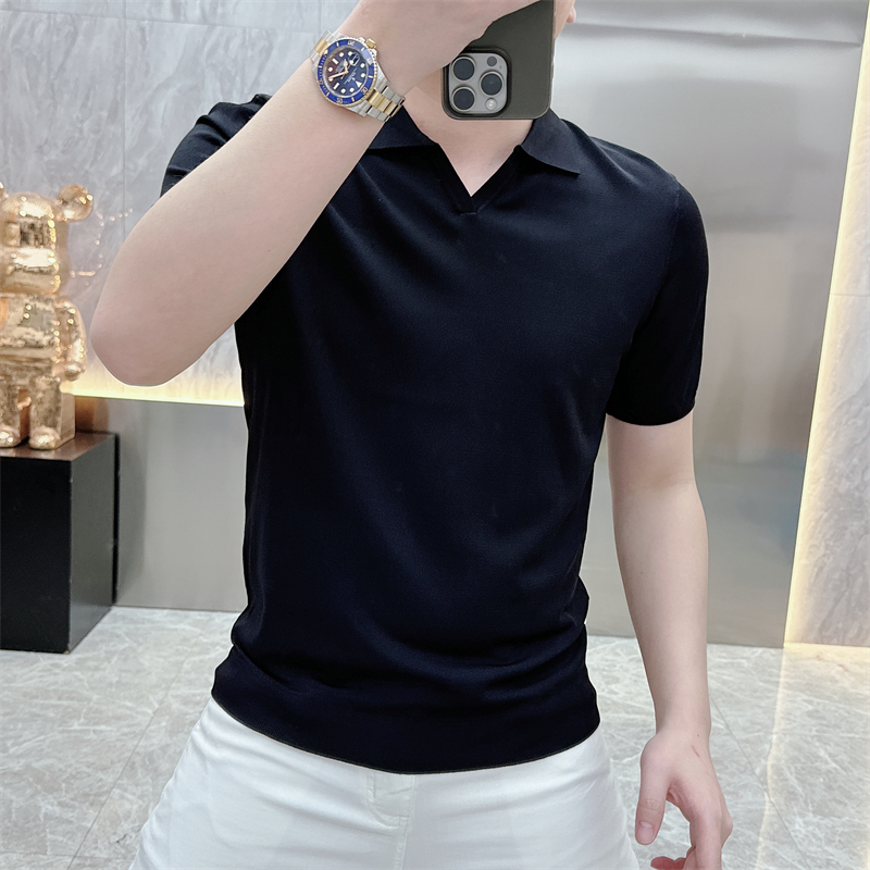 2025早秋新款简约百搭针织衫翻领短袖修身T恤男潮半袖打底针织衫