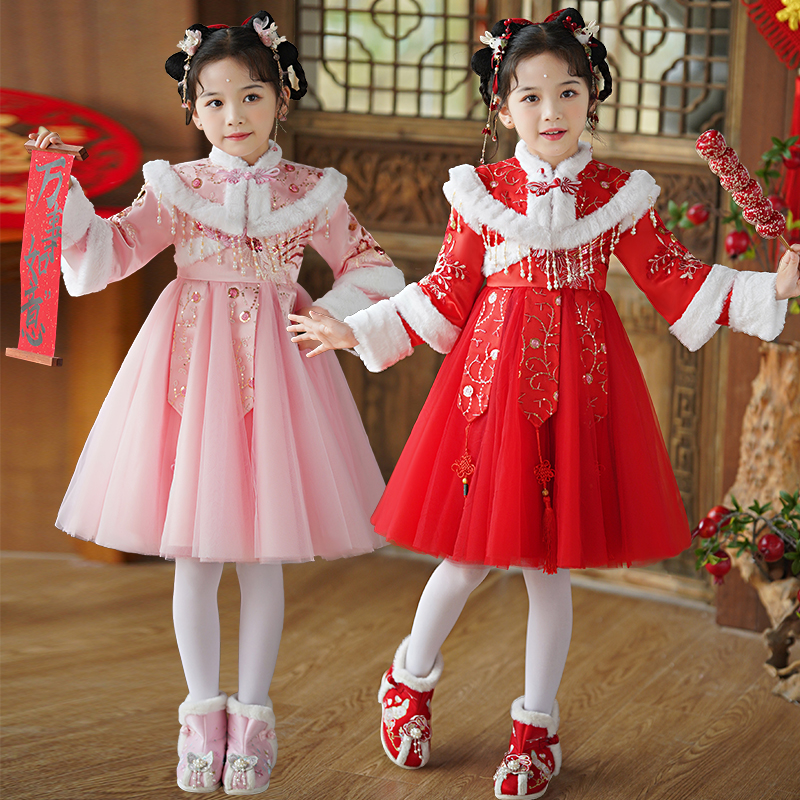 女童连衣裙冬季汉服加绒加厚小女孩公主裙洋气中国风唐装拜年服