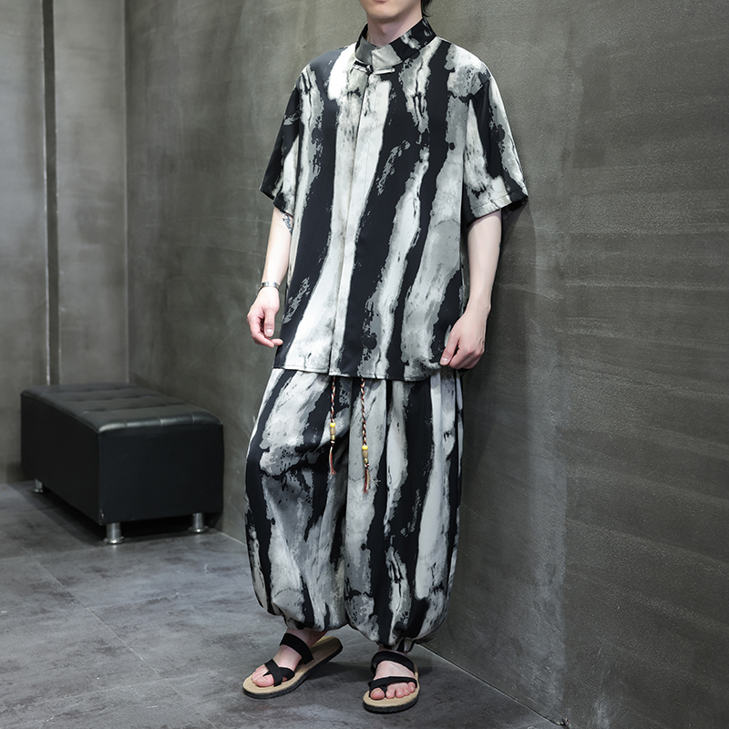 水墨扎染冰丝短袖唐装男士立领衬衫中国风套装渐变色宽松休闲衬衣