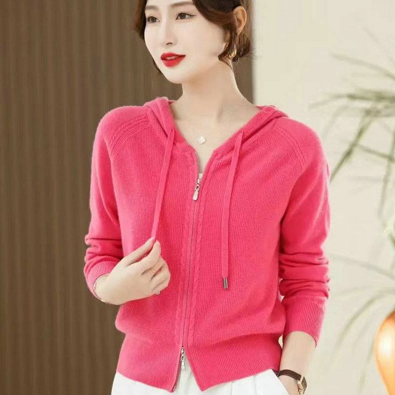 羊毛针织开衫女秋冬2025纯色外套春秋连帽开衫毛衣洋气高贵上衣