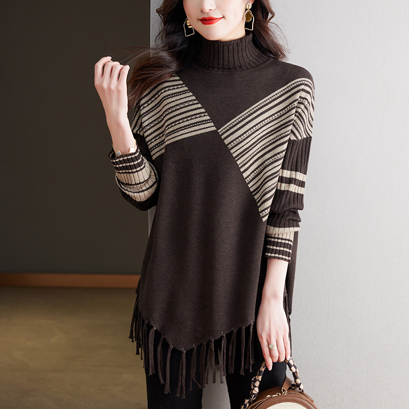 流苏毛衣女设计感小众秋冬不规则上衣中长款加肥加大码高领打底衫