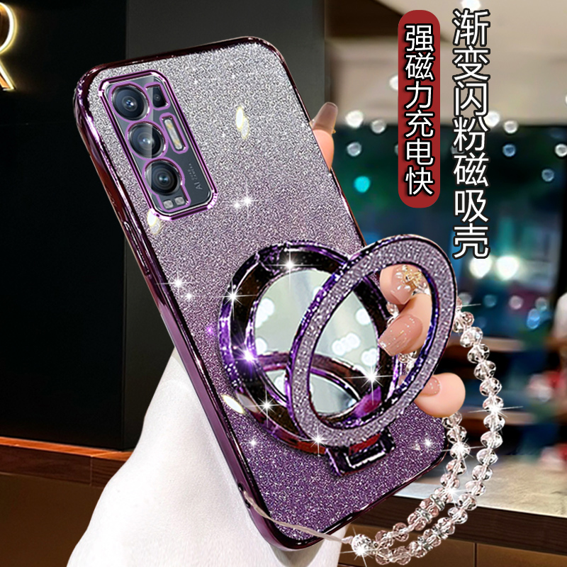 OPPOreno5pro+曲屏手机壳PDRM00全包防摔 rno5pro+带补妆镜子支架