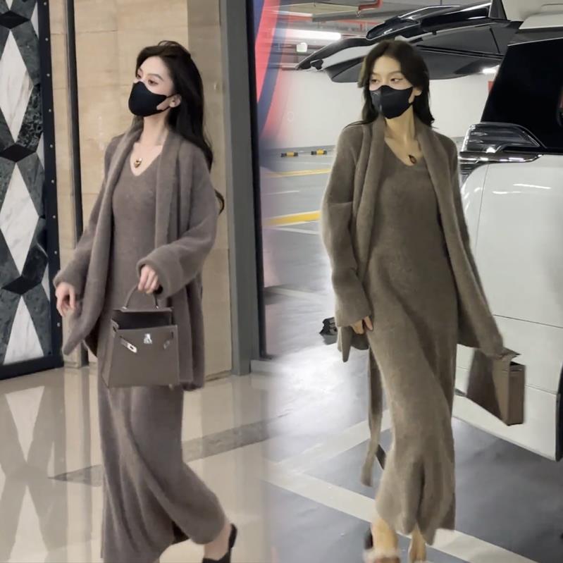 秋冬新款慵懒风套装美拉德宽松外套女搭长款吊带连衣裙两件套