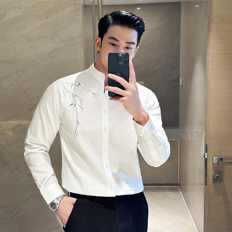 中国风刺绣立领白色衬衫男士长袖新中式透气黑色高级感绣花衬衣潮