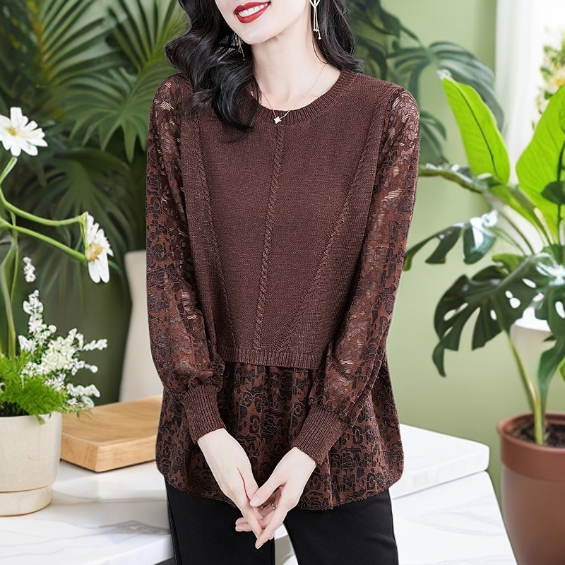 时尚蕾丝高档假两件上衣女春秋2025年新款洋气大码宽松显瘦打底衫