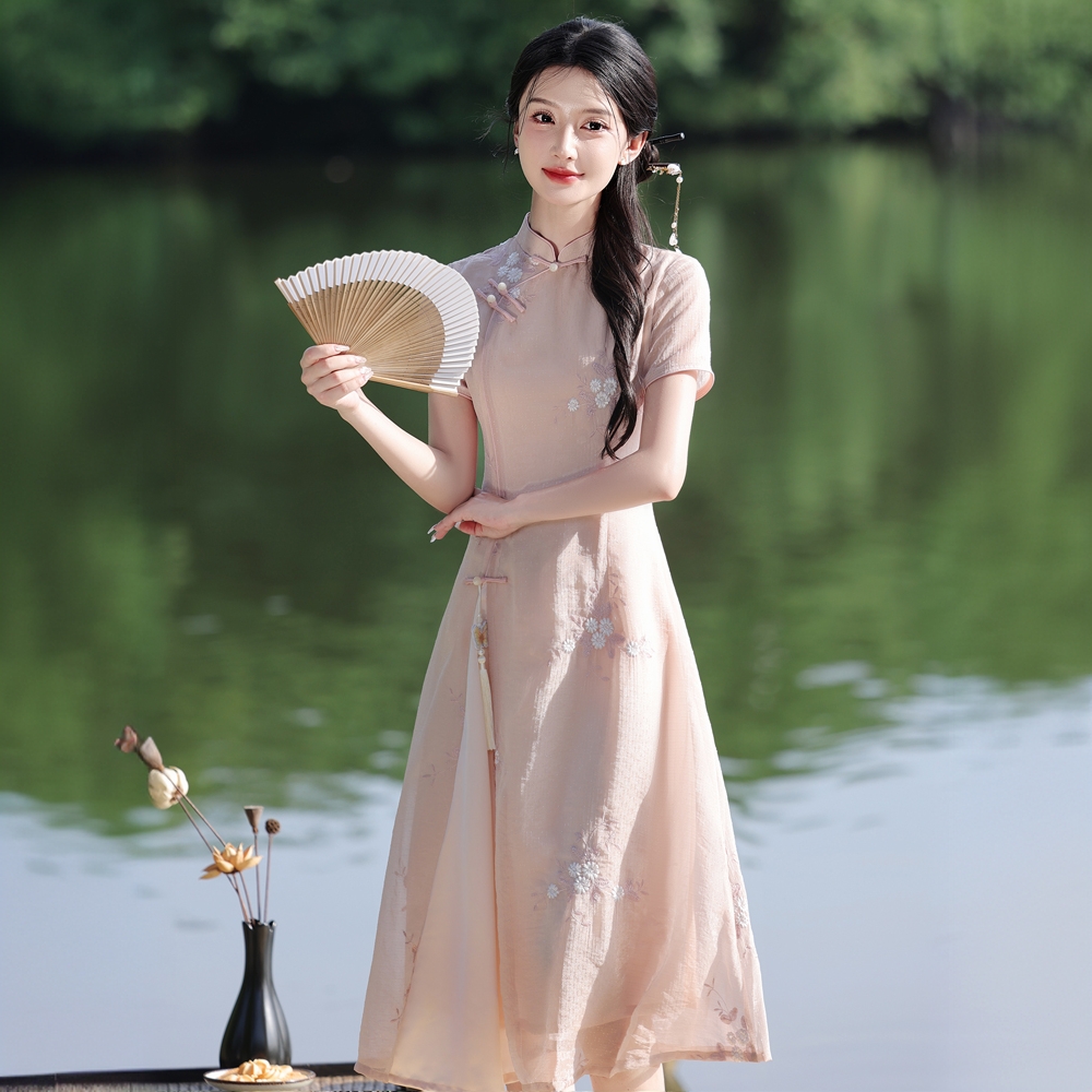 粉色奥黛旗袍2025年夏季新款新中式改良年轻款少女连衣裙显瘦