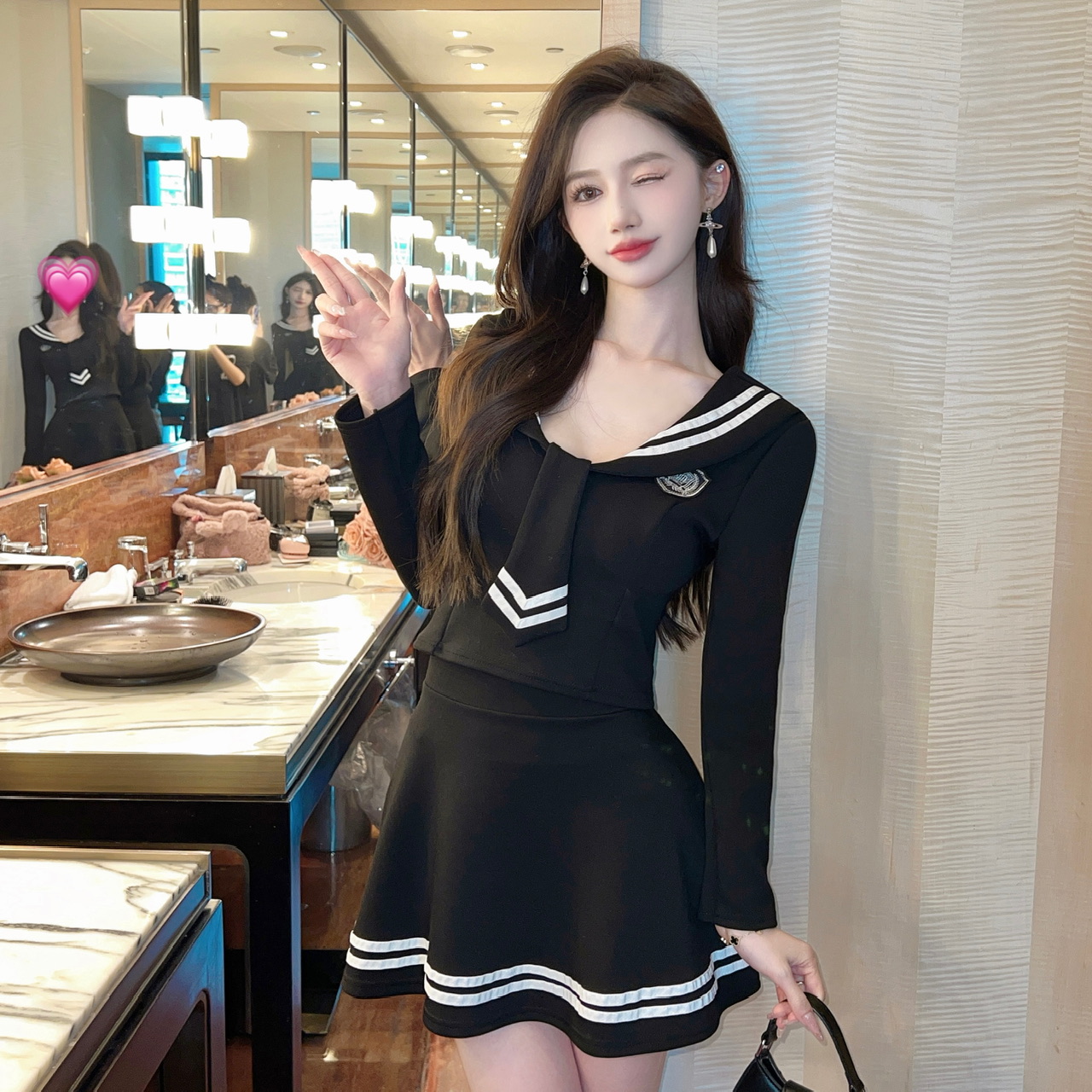 夜店性感拼接翻领长袖制服工作裙两件套夜总场足疗桑拿技师工作服