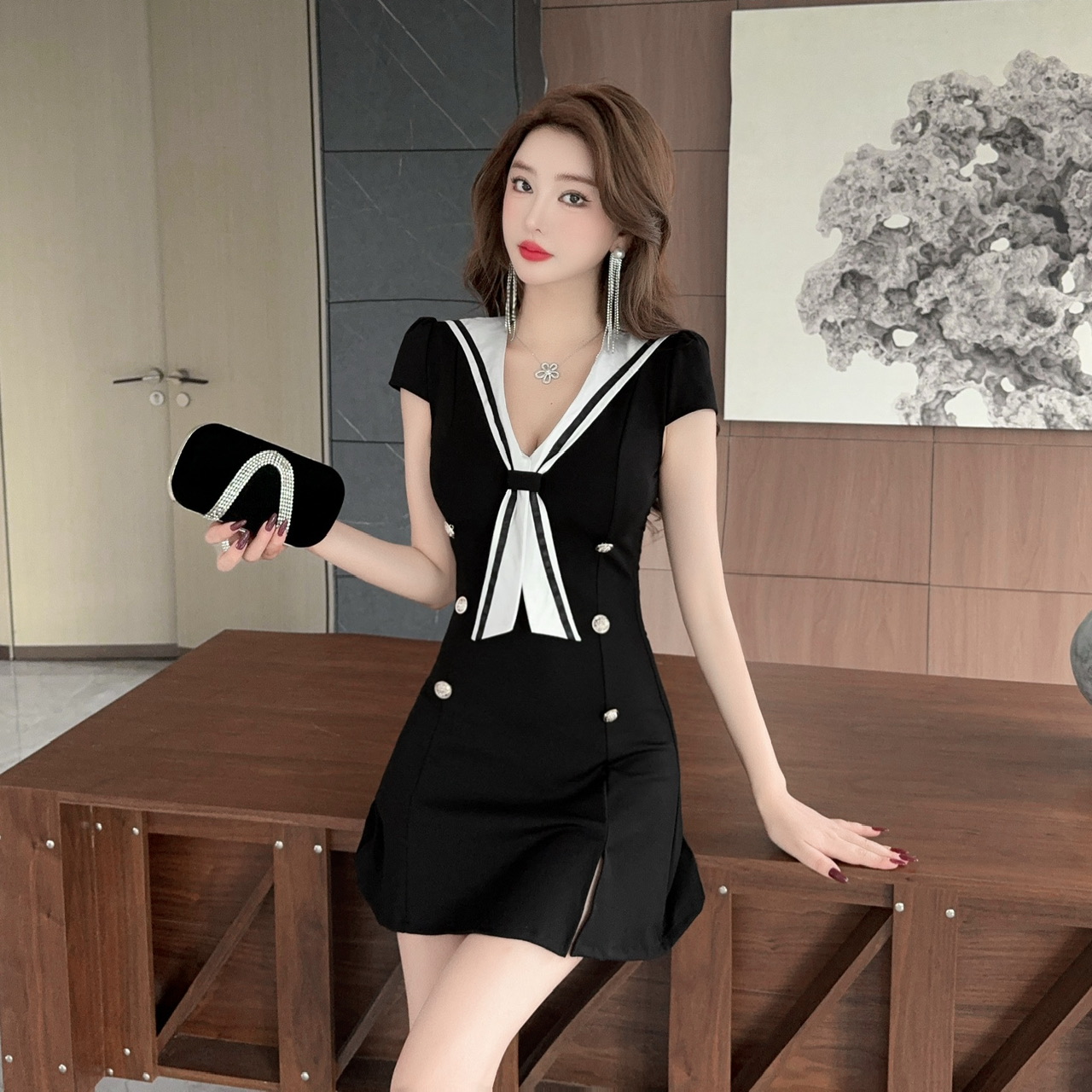 夏季夜场技师工作服时尚网红海军领洋气减龄连衣裙学院风大码裙子