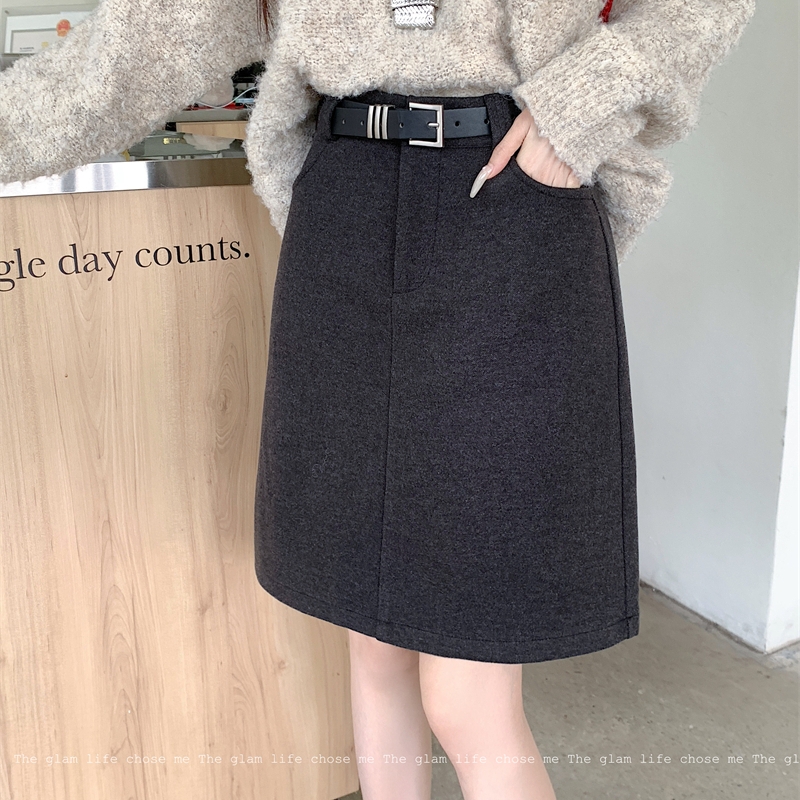大码灰色氛围感加长款毛呢半身裙高腰显瘦a字裙秋冬美式遮肚短裙