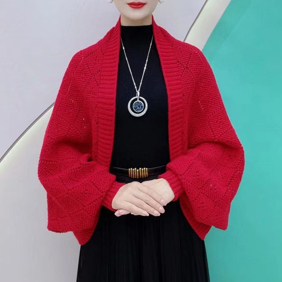 秋冬新款保暖百搭时尚针织时尚方格披肩气质开衫洋气外搭