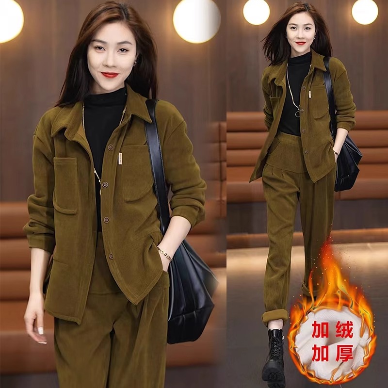 加绒加厚雪尼尔套装女2025秋冬新款宽松休闲外套哈伦裤时尚两件套