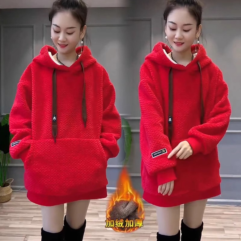 加绒加厚卫衣女2024冬季新款韩版洋气显瘦中长款连帽休闲外套潮