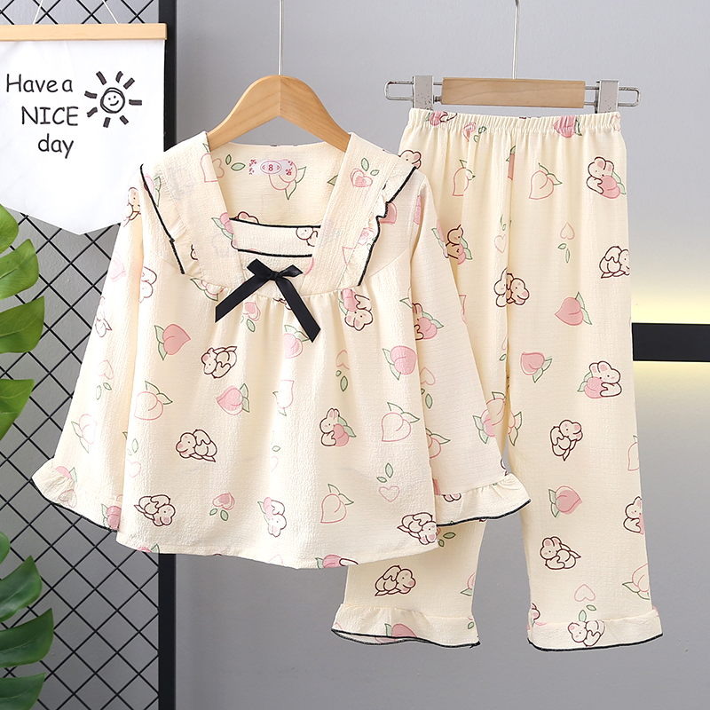 2025新款女童睡衣春秋款长袖棉质薄款套装儿童女孩洋气大童家居服