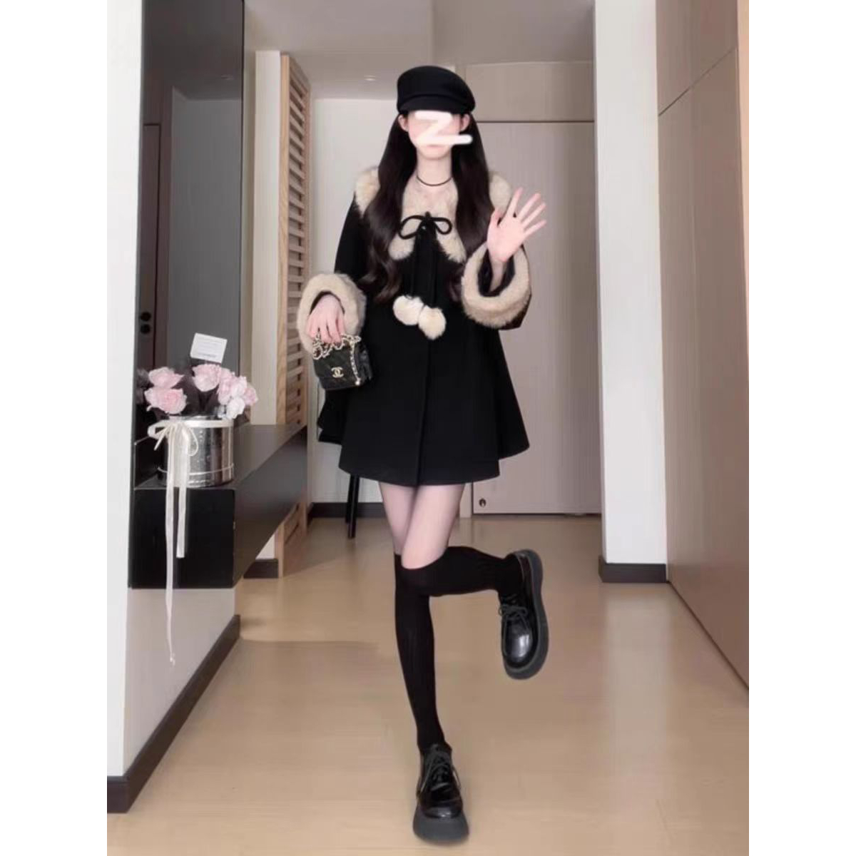 MO88ZSPF大码~拼接黑色毛绒领外套女装秋冬加厚复古气质毛呢大衣