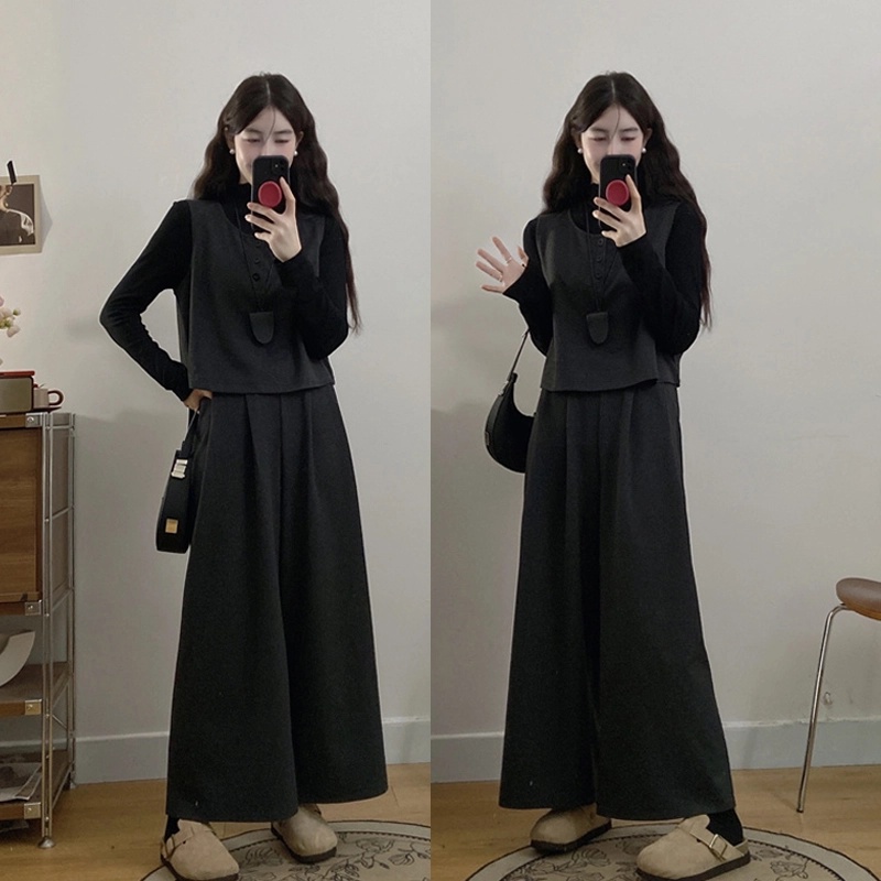 MO88ZSPF大码女秋冬新款时尚简约毛呢马甲九分阔腿裤打底衫洋气