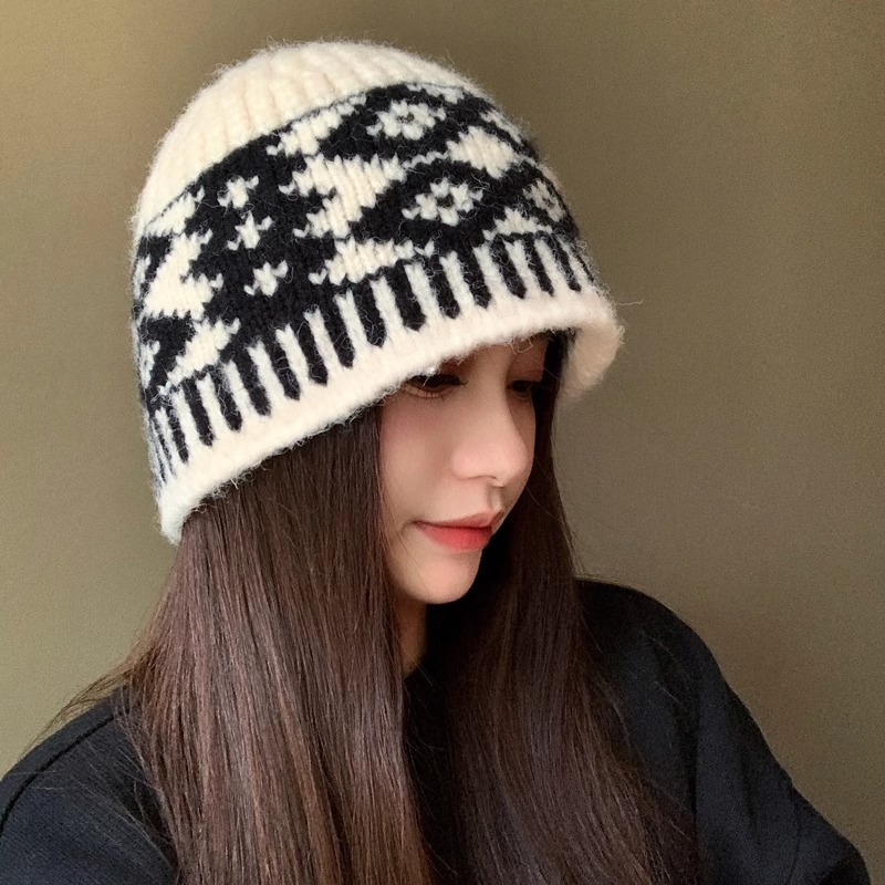 冬季新款复古拼色提花菱形格韩系小众设计感针织帽保暖渔夫帽冷帽