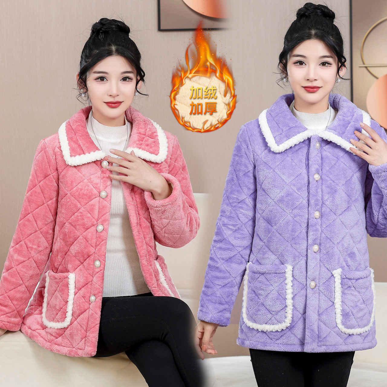 短款加厚翻领棉袄大衣时尚居家服外穿棉衣加绒保暖罩衣女外套